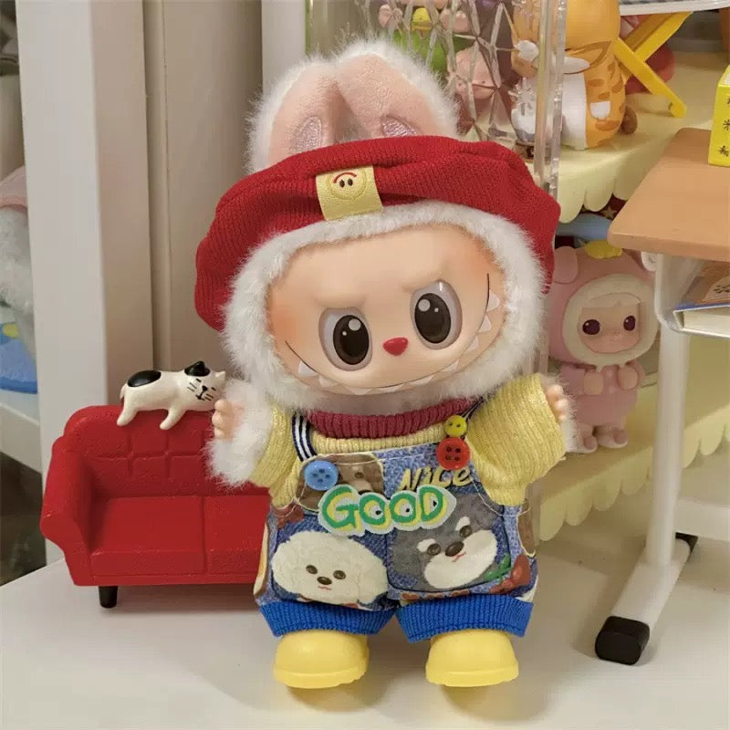 Labubu Clothing – Red Bunny Visor & Puppy-Print Denim Overalls